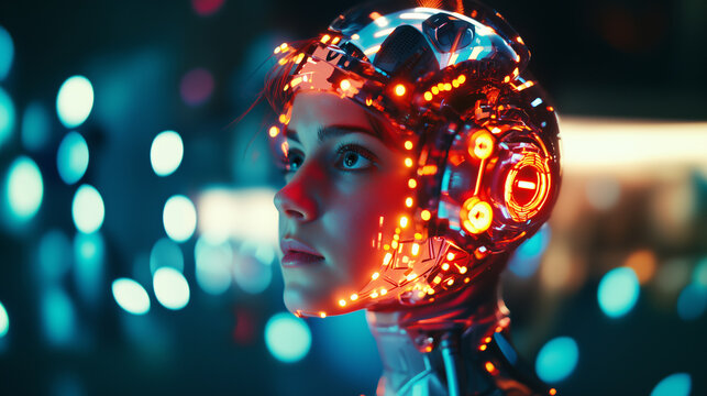 A cyborg woman stands with a pensive expression, her face partially illuminated by soft red lights, while her intricate metallic body reflects the glow, highlighting the fusion of