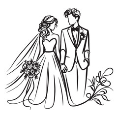 One continuous single drawing black line art doodle of wedding couple bride and groom standing side by side, holding hands, illustration on white background