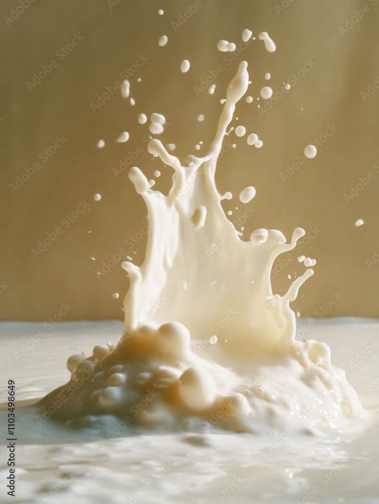 Poster frothy and creamy milk splashing onto a surface, creating an interesting texture and a mess.