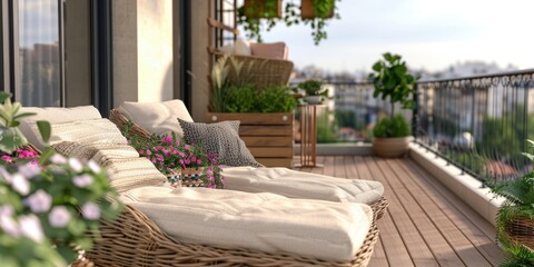 Fototapeta premium Luxurious outdoor seating on a balcony, featuring a comfortable basketweave chaise with pillows and potted plants. Perfect for relaxing or entertaining.