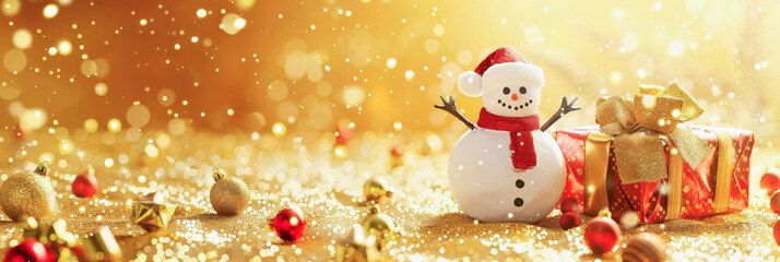 Festive snowman surrounded by sparkling decorations and Christmas gifts in a winter wonderland. Banner, copy space