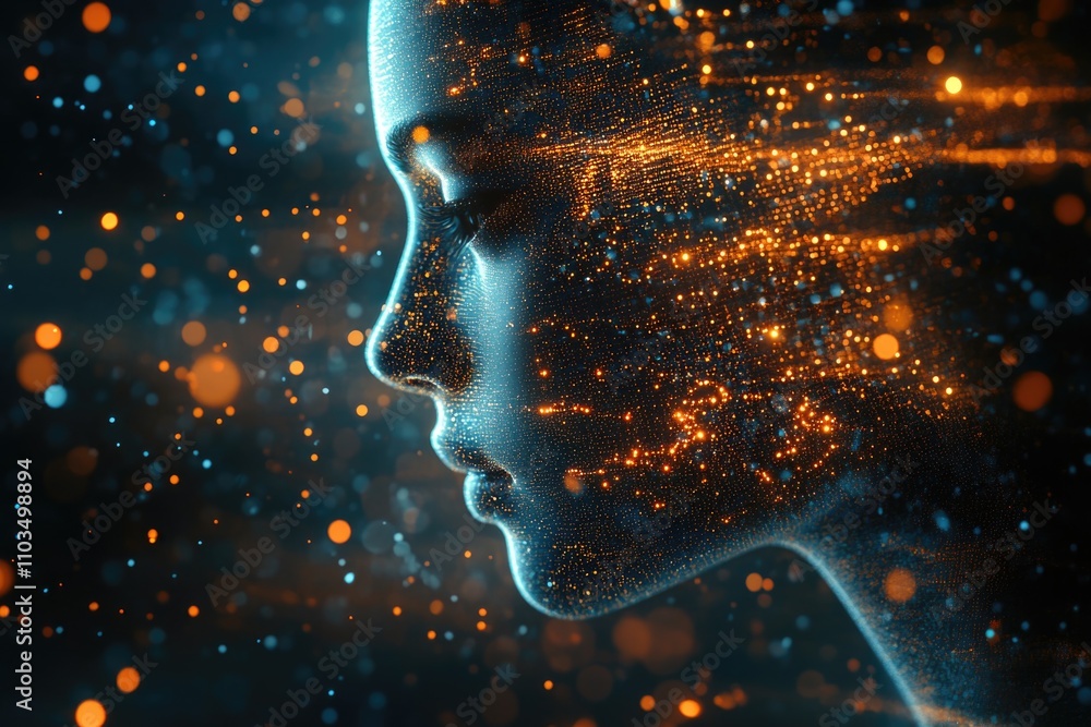 Poster high-tech human head with golden particles, representing artificial intelligence and data processing