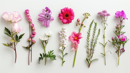 Obraz premium An array of delicate flowers in various shades of pink and white, arranged in a row on a white background.