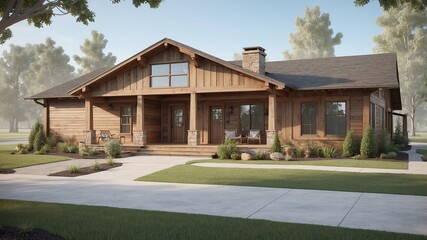 Ranch-style House with Wood Siding and a Large Front Porch made with generative ai
