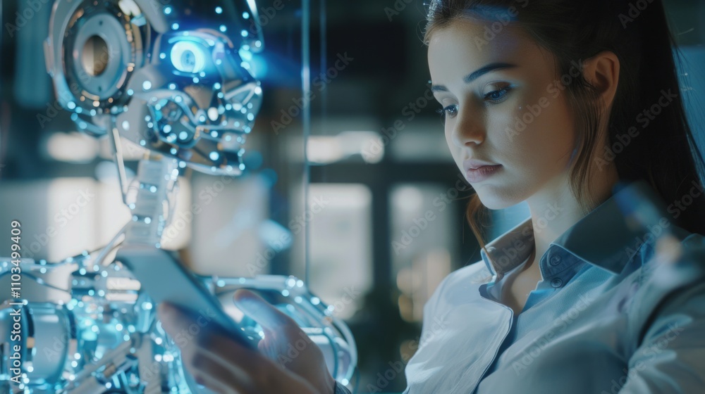 Poster woman is looking at a robot on a phone. the robot is glowing and has a futuristic appearance. the wo