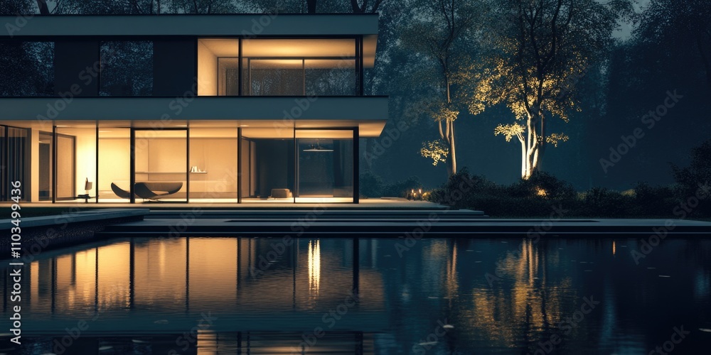 Poster large house with a pool and a tree in front of it. the house is lit up at night, creating a warm and