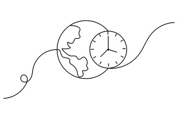 Eco earth hour of world earth day continuous hand draw concept global map outline vector illustration