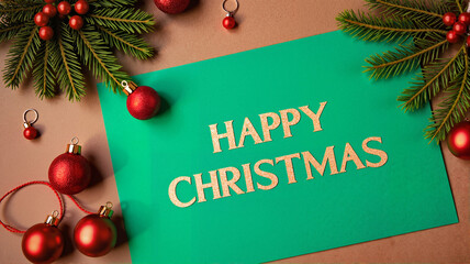 Green Happy Christmas greeting card surrounded by ornaments and greenery