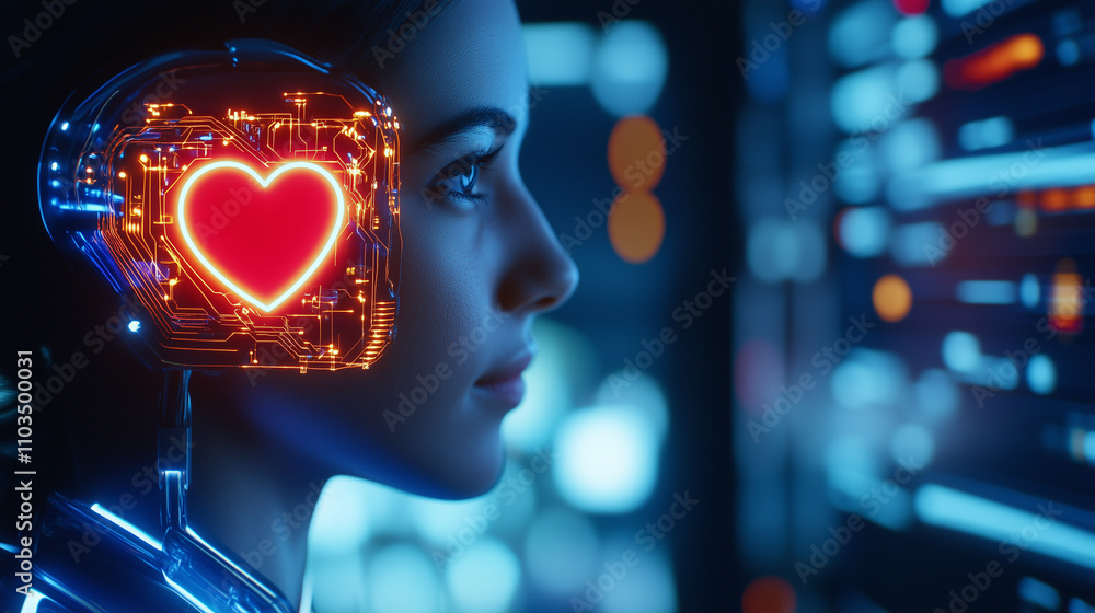 Poster a sci-fi portrait of a humanoid robot with a glowing circuit embedded in her head, showcasing intric