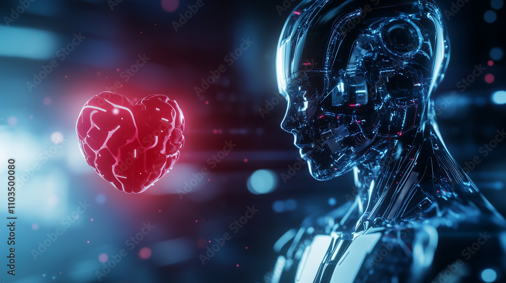 Poster a sci-fi inspired close-up of a humanoid robot with a glowing red heart embedded in intricate mechan