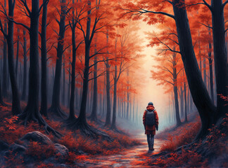 Fototapeta premium a traveler walks through an autumn forest . Generative AI