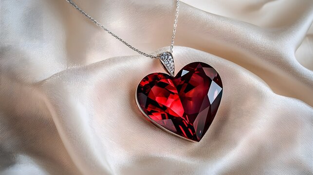 A captivating display of a ruby heart necklace on white fabric, with ample room for messaging,