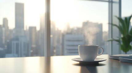 Cup of coffee with steam on office desk with city view from window
