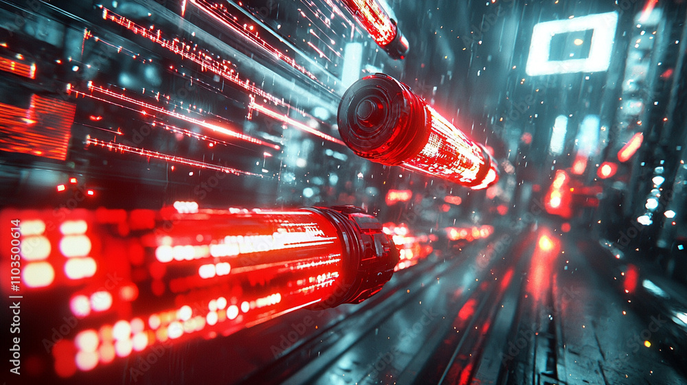 Poster futuristic ai-generated action scene with red energy projectiles in urban environment immersive digi