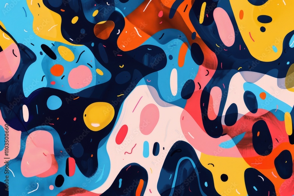 Poster colorful abstract painting with a lot of different shapes and colors. the painting is full of energy