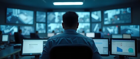 Man Monitoring Multiple Screens in Control Room &ndash; Concept of Technology and Surveillance