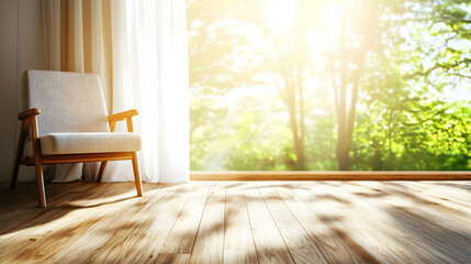 A sunlit room with a cozy armchair and large windows, inviting nature and warmth into the space.