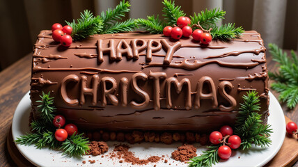 Chocolate Yule log cake with Happy Christmas text surrounded by festive decoration