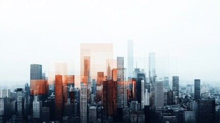 Obraz premium Abstract digital art of a city skyline with overlapping geometric shapes in orange and blue tones creating a modern urban aesthetic on a hazy background.