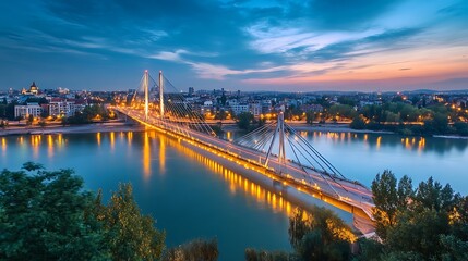 A modern suspension bridge illuminated by golden lights spanning across a river at night