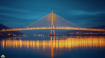 Obraz premium A modern suspension bridge illuminated by golden lights spanning across a river at night