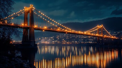 Fototapeta premium A modern suspension bridge illuminated by golden lights spanning across a river at night