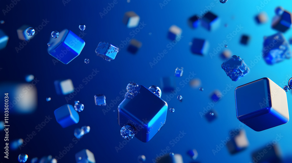 Poster abstract 3d rendering of blue cubes and bubbles floating in a dark blue background. perfect for tech