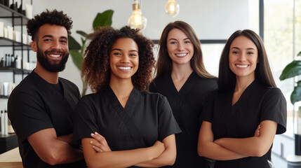 A group of cheerful and confident beauty professionals standing together in a modern salon, wearing matching black uniforms. The warm lighting and sleek interior highlight their un