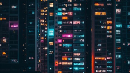 A row of high-rise apartments with lights glowing in different patterns in the windows at night