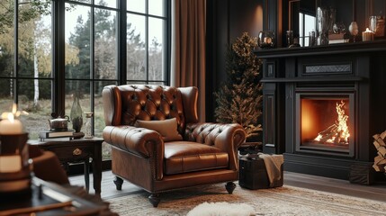 Fototapeta premium Luxury Living Room with Fireplace and Leather Armchair