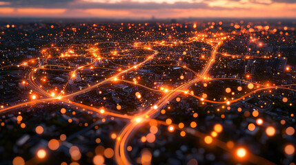 Aerial view of glowing blockchain network over cityscape at sunset