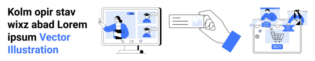 Virtual meeting with video calls on a computer screen, digital payment using a card and hand, and online shopping cart with goods. Ideal for remote communication, e-commerce, fintech, digital