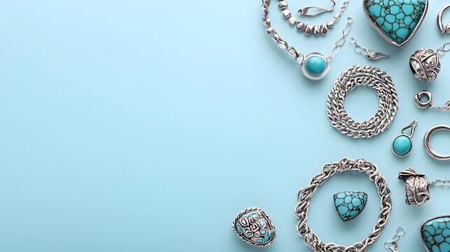 A modern composition of silver and turquoise jewelry, leaving a blank background for promotional content,