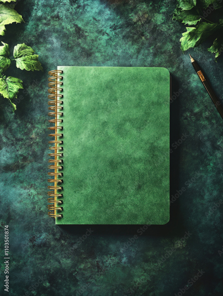 Poster green spiral bound notebook sits on a table with a pencil and a leafy green background. the notebook