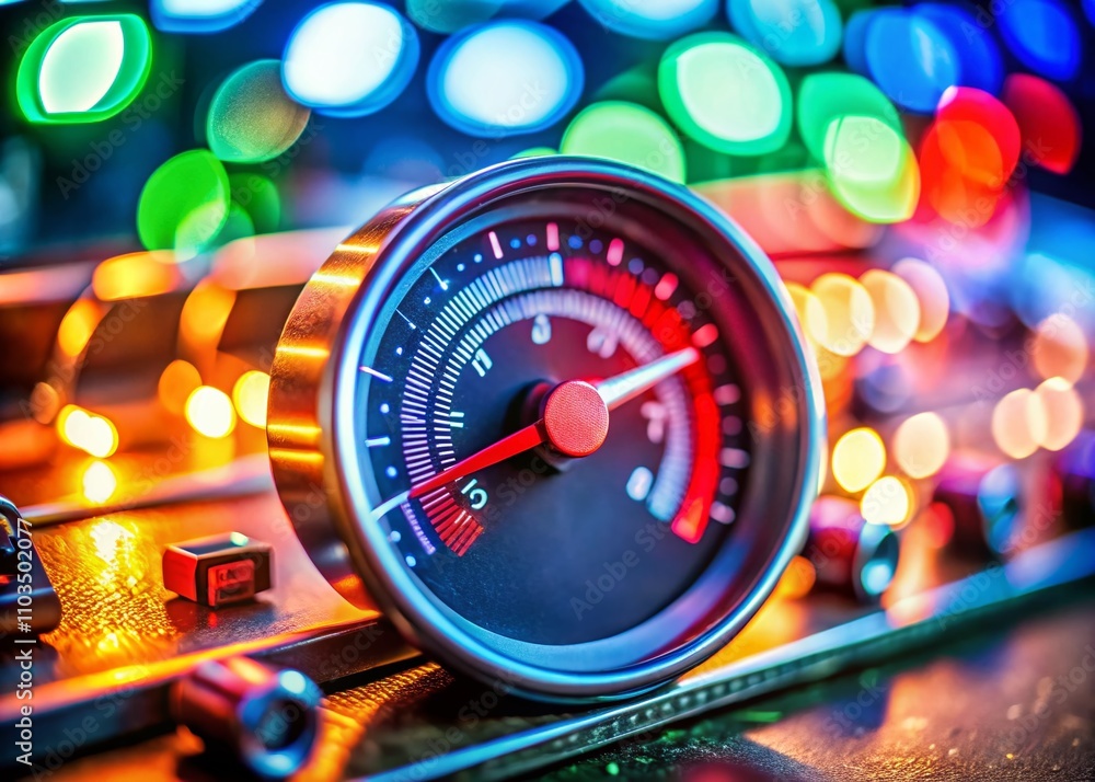 Aufkleber computer display featuring red gauge indicator for benchmark results or speed check in a tilt-shift 