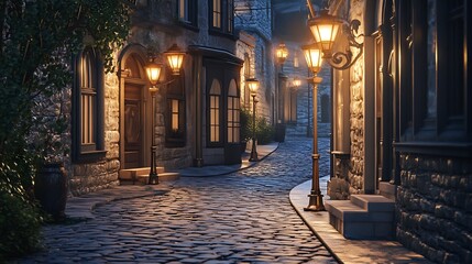 A quiet street corner with vintage lamp posts casting warm light on cobblestone paths at night