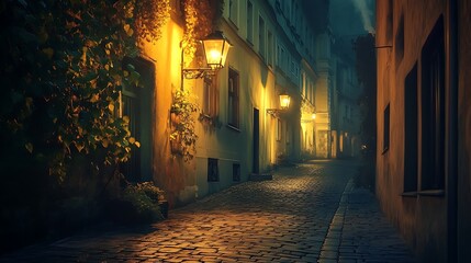 A quiet street corner with vintage lamp posts casting warm light on cobblestone paths at night