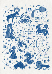 Fototapeta premium Folk poster of Zodiac signs, trendy Scandinavian astrological illustration of constellation. Aries, Leo, Gemini, Taurus, Scorpio, Aquarius, Pisces, Sagittarius, Libra, Virgo, Capricorn, Cancer. Blue.