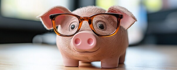 Cute pink piggy bank wearing tortoiseshell glasses on wooden desk, smart financial planning concept. Modern savings mascot with nerdy eyewear symbolizes wise money management. 8k banner