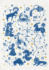 Folk poster of Zodiac signs, trendy Scandinavian astrological illustration of constellation. Aries, Leo, Gemini, Taurus, Scorpio, Aquarius, Pisces, Sagittarius, Libra, Virgo, Capricorn, Cancer. Blue.