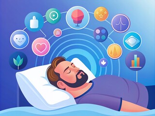 Conceptual Illustration of a Man Sleeping and Snoring Depicting Snore-Related Health Issues in a Flat Design Style, Highlighting the Impact of Sleep Disorders on Wellbeing