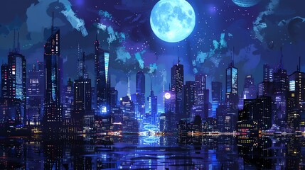 Fototapeta premium A futuristic cityscape at night with a bright blue moon and starry sky.