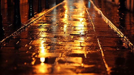 City lights reflecting on wet pavement after a light rain at night creating a dreamy atmosphere