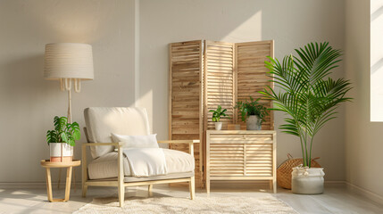 New interior of a living room with a comfortable armchair, chest of drawers, folding screen, and houseplants.