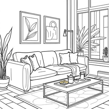 Black and White Living Room Illustration with Window, Shofa, Plant and Lamp