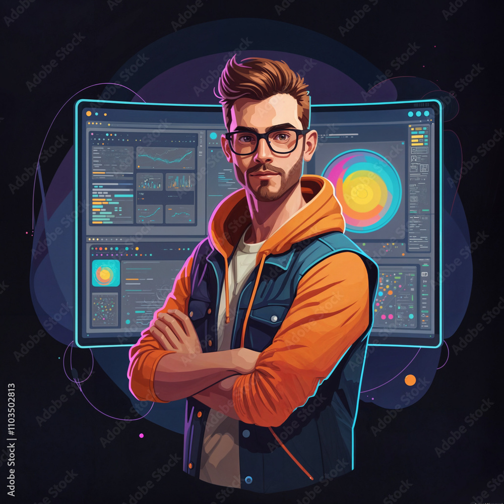 Poster fashionable graphic programmer or designer against the background of a computer and futuristic inter