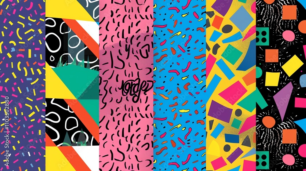 Poster a collection of colorful 90's style patterns.