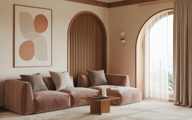 Fototapeta premium japandi interior design featuring a cozy living space with neutral tones and elegant shapes