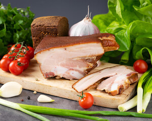 Smoked brisket with vegetables and garlic on a wooden cutting board in a modern kitchen setting