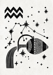 Folk poster of Aquarius Zodiac sign, trendy Scandinavian astrological illustration of constellation, black © Lisa
